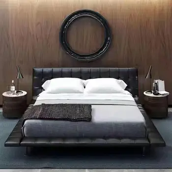 Kožený nábytok set Manželskou posteľou King size posteľ rám Plnej veľkosti matrac späť čelo a nočnom stolíku