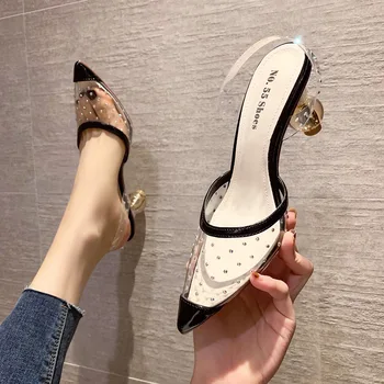 Krištáľovo Priehľadné moderné sandále ženy kolo vysoké podpätky, topánky žena čerpadlá ukázal prst jasné kamienkami sandalias mujer 2021