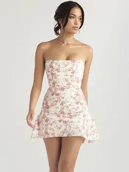 Kvalitné Saténové Kvetinový Tlač Letné Šaty Ženy Sexy Ramienok Backless Ruched Mini Šaty Dámske Elegantné Party Šaty Šaty