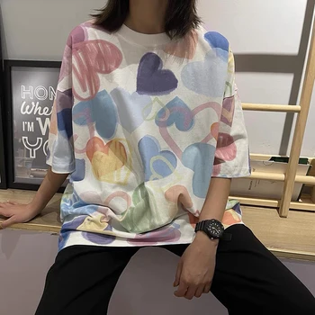 Kórejský grafické zábavné tlačiť bežné nadrozmerné základné t letné tričko krátky Rukáv Jednoduché T-shirts Ženy harajuku y2k topy streetwear