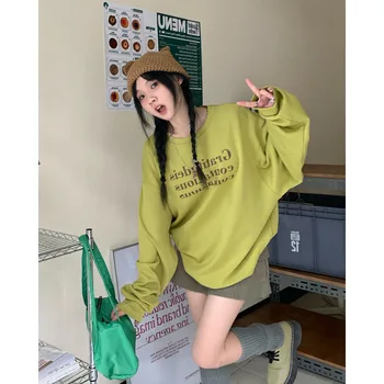 Kórejský Štýl List Tlač Zelená Mikina Ženy Harajuku Vintage Nadrozmerná Dlhý Rukáv Top Kpop Streetwear Hippies, Topy
