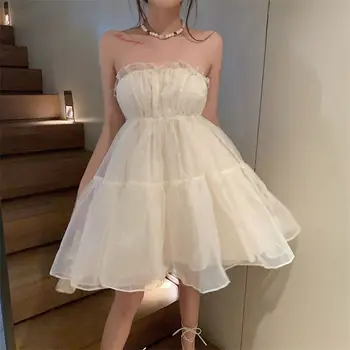 Kórejský Štýl Nového Kawaii Mini Šaty Žien Emo Harajuku Y2k Estetické Strany Biele Šaty Lolita Kpop Kórejské Oblečenie Móda