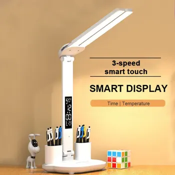 LED Hodiny Stolové Lampy USB Spoplatnené Stmievateľné Stôl Lampy 2 Hlavy 180 Otočiť Skladacia Ochrana Očí Ploche Čítanie Nočné Osvetlenie