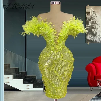 Lesklé Zelené Crystal Sequined Krátke Prom Šaty Rameno V Krku Pierko Korálkové Mini Koktail Party Žena Formálne Šaty Vestidos
