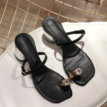 letné nový štýl čierne vysoké podpätky sandále dámske štvorcové prst módne all-zápas sexy drahokamu dámske topánky