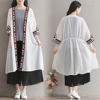 Letné veľká veľkosť Čína národnej dlhé biele šifón kimonos ženy voľné veľká veľkosť šifón pláži kimonos ženy dlhé biele topy