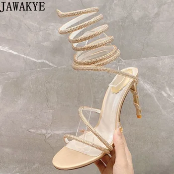 Luxusná Značka Crystal Sandále Stočený Had Vysokým Podpätkom Strany Topánky dámske Členkové Strappy Gladiator Sandále 2023 sandalias de mujer