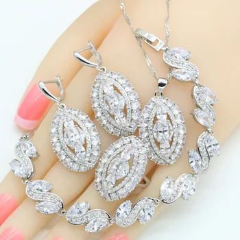 luxusné 925 Silver Šperky Sady Pre Ženy Biele Zirkóny Náramok Náhrdelník s Príveskom, Náušnice, Prsteň Svadobný Dar