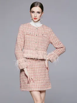 Luxusné Značky Ružová Tweed Vlnená Kombinéza Ženy Elegantné Strane Lištovanie Pierko Krátka Bunda, Kabát + Mini Sukne Nastaviť Zimné Oblečenie