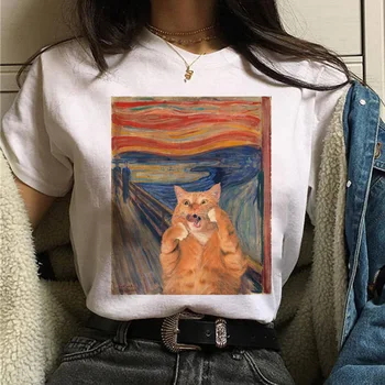 Mačka Van Gogh T-Shirt dámske Art Print olejomaľba Krásne Roztomilé Funny T-Shirt 90. rokov Cartoon Ulzzang Ležérny Top T-Shirt Ženy