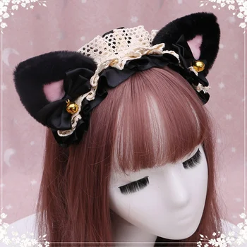 Maškaráda Ženy, Dievčatá Lolita Cosplay Hlavový Most Plyšové Čipky Mačka Uši Hairband Anime Strany Kostým Luk Bell Halloween Príslušenstvo
