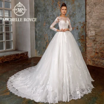 Michelle Royce Plesové Šaty, Svadobné Šaty 2023 Nádherné Zlatko Dlhý Rukáv Appliques Tlačidlo Svadobné Šaty Vestidos De Novia