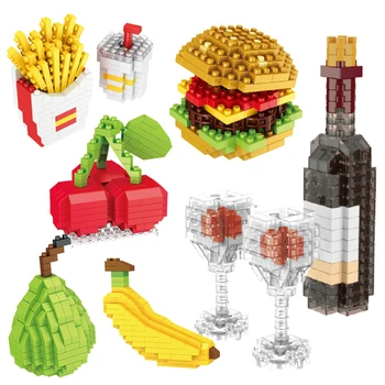 Mini Potraviny Rýchleho občerstvenia Ovocie 3D Model Budovy Blokov DIY Víno Hamburger, Hranolky Hot Dog Tortu Puzzle Montáž Hračka Chlapec Dievča Darček
