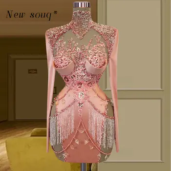 Móda Ružová Krátke Prom Šaty s Dlhými Rukávmi Ozdobené Korálkami Vysoká Krku Sexy Vystrihnúť Gala Party Šaty Couture Oblečenie