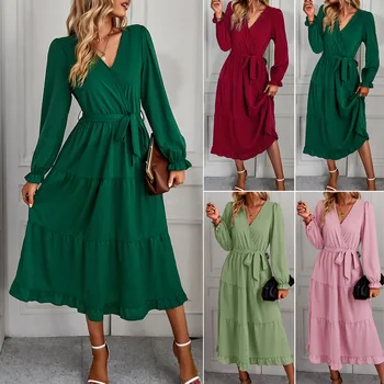 Na jar a v lete žien dlhá sukňa big swing bežné farbou dlhým rukávom šaty
