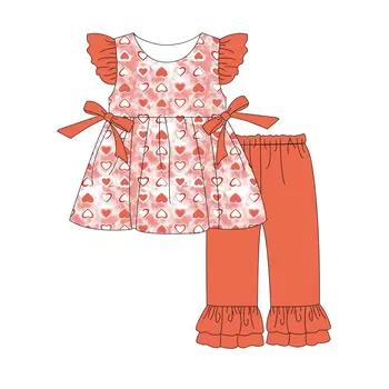 Najnovšie Dizajn 2023 Baby Girl Letné Oblečenie Láska Srdce Vzor Tlače Lietať Rukáv Rozstrapatené Nohavice Nastaviť Sladké Luk