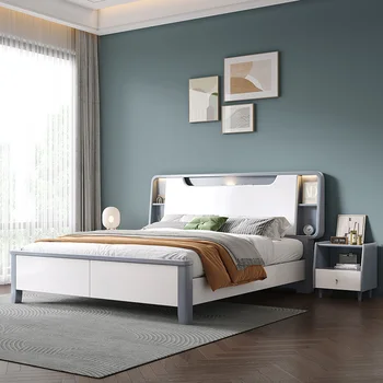 Nordic štýl masívneho dreva posteľ moderný jednoduchý 1.8 m ľahký luxusná spálňa manželská posteľ 1,5 m, biela vysoký box úložný posteľ