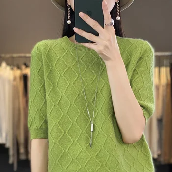 Nové cashmere sveter O-krku pletené dámske krátke rukávy pulóver 100% vlna-krátke rukávy slim T-shirt móda