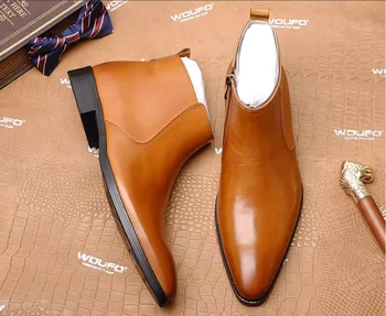 Nové kožené krátke topánky, pánske trend krátke špicaté kožené topánky na zips high-top topánky kožené topánky