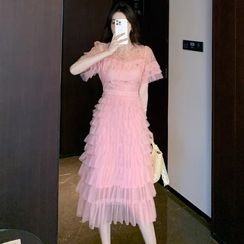 Nové Sladké Ružové Čipky Šaty Žien Lete Lištovanie Oka Tortu Šaty Žena Oblečenie Elegantné Party Vestidos