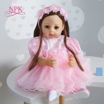 NPK 55 CM celého tela silikónové bebe dievča bábiku reborn todder v ružových šatách princeznej korene dlhé vlasy nepremokavé bábika