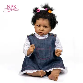 NPK 56 CM Bebe Reborn Bábiky Batoľa Dievča Saskia Čierna Farba Pleti African American Dieťa Handrooted Vlasy s Fľašu, Cumlík