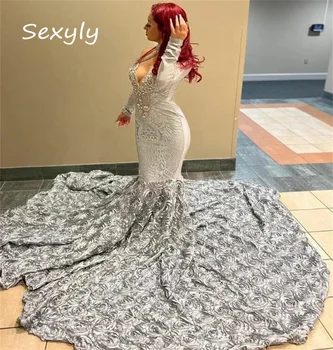 Nádherný 3D Kvety Prom Šaty 2023 Black dievčatá Fishtail Formálne Príležitosti Narodenín Šaty s Dlhým Rukávom Korálkové Party Šaty Elegantné