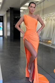 Orange Večerné Šaty Jedno Rameno Strane Split Morská víla Dlho Prom Šaty pre Formálne Príležitosti