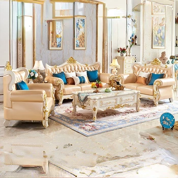 Prispôsobený Európskej Kožená Sedačka High-end Obývacia Izba Americká Prvá Vrstva Cowhide Luxusné Masívneho Dreva Vyrezávané Villa Modrá 123 Miest