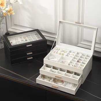 Pu Transparentné Multi-Layer Šperky Box Náhrdelník Ucho Stud Ornament Úložný Box Iny Jednoduché Ploche Ornament Úložný Box