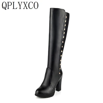 QPLYXCO 2019 Nové topánky ženy vysokej heels10cm kolená vysoké čižmy na jar jeseň zima kvalitné svadobné Topánky žena, veľká veľkosť 33-43 A-5