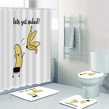 Roztomilý Kreslený Banán Poďme Dostať Nahé Zábavné Kúpeľňa Záclony Sprchové Závesy Nastaviť Vtip, Humor Vaňa Mat Koberec Koberec, Wc Dekor Darček