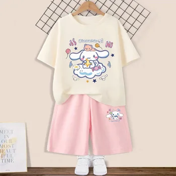 Sanrioed Anime Kuromi Melódie Cinnamoroll Letné Deti Oblečenie Sady Športové Oblečenie Baby Dievča, Chlapec Oblečenie T-Shirts+Šortky 2 Ks