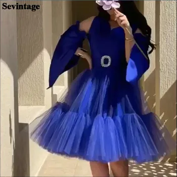 Sevintage Royal Blue Satin Tylu Saudská Arábia Prom Šaty, Dlhé Rukávy Midi Formálnej Strany Plášte Riadok Dubaj Ženy Večerné Šaty