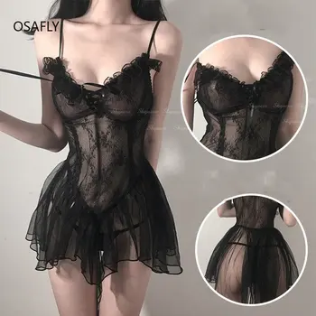Sexy Spodné Prádlo Čiernej Čipky Krátke Nightdress Ženy Pohľadu Bielizeň Podväzkové Slim Šaty Lolita Exotické Kostýmy Pre Sex 18 Oblek