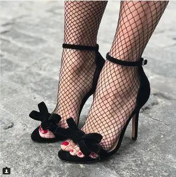 Sexy Čierne Lodičky Bowtie Sandál Ženy Cut-out Členok Popruh Dámy Derss Topánky Típat Prst Duté 2019 Letné Spoločenské Topánky na Mieru