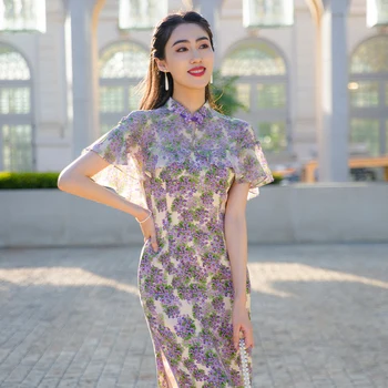 Simeizi Šaty na Oblečenie pre Ženy 2023 Lete Národnej Štýl Temperament Plášť Rukáv Lepšiu Cheongsam Fialová Slim Qipao