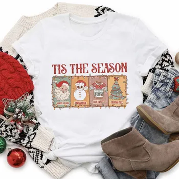 T-Shirt Tlač Roztomilý Vzor Akvarel Štýl 90. rokoch Oblečenie dámske Módne Vianoce Nový Rok Dovolenku Krátke Rukávy Biela T-Shi