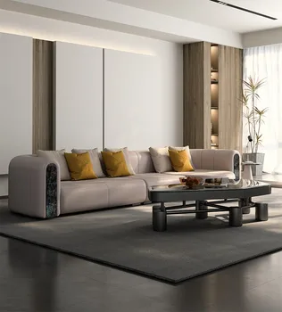 Taliansky minimalistický kožená sedačka, hovädzie kože hornej vrstvy, post-moderné straight-line obývacia izba, svetlo, luxusný gauč, štyri kreslá