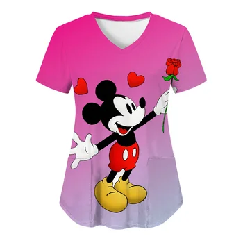 V Neck T-shirt Disney Žena Šaty Minnie Mouse Nemocnice T-shirts Sestra Jednotné Vrecku Top Ženy 2023 Mickey Topy, Tričká dámske