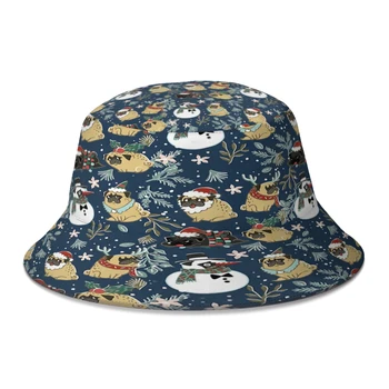 Vianočné Pugs Vedierko Hat Pre Ženy, Mužov, Dorastencov, Skladacia Róbert Rybár Klobúky Panama Spp Streetwear