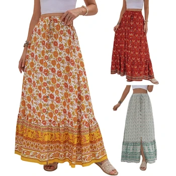 Vintage Kvetinový Tlač Skladaný Dlhé Sukne Lete Ženy Elastická Sukňa Streetwear Elastické Šnúrkou Pás Midi Sukne