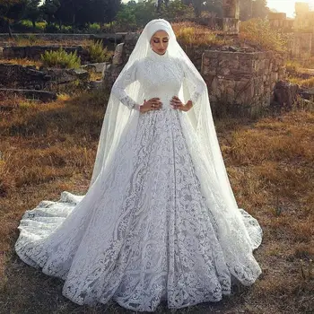 Vintage Riadok Moslimských Svadobné Šaty Čipky Dlhý Rukáv Retro Svadobné Šaty so Závojom Sweep Vlak vestido de novia