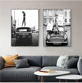 Vintage Štýl, Čierne a Biele Fotografie Street Art Plátno na Maľovanie Retro Auto Módne Dievča Obrázok Obývacia Izba Izba Domov DecorCuadros
