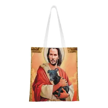 Vlastné Keanu Reeves Holding Šteňa Plátno Nákupné Tašky Ženy Umývateľný Obchod S Potravinami Saint Meme Ježiš Ján Knot Shopper Tote Tašky