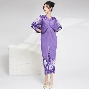 Vysoko kvalitné šaty Miyake skladaný žien jar roku 2023 nové tlačené bat rukávy kryt brucho zoštíhľujúce šaty