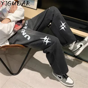 Y2K Mužov kórejský Streetwear Módy Hip Hop Nízky Nárast Neforemné Džínsy, Nohavice Tlač Pánske Džínsové Nohavice Ženy Nadrozmerné Priateľ Oblečenie