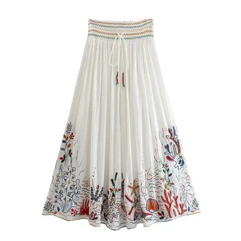 YENKYE 2023 Ženy Dlhé Biele Vyšívané Sukne Vintage Šnúrkou Elastické Polovice Pás Ženský Zloženke Boho Sukne