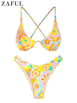 ZAFUL Ženy Vytlačené Kvetinový Kvet Plavky Späť Kravatu Criss Cross Underwire Monowire Top Dve Kus Cheeky Bikini Set plavky