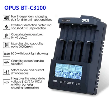 Štandardné Batéria Nabíjačka Opus BT-C3100 V2.2 Digitálne Inteligentný 4 Sloty AA/AAA LCD Nabíjačka r57 100% zbrusu nový wb